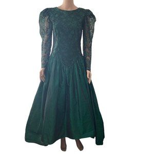 VTG Loralie Originals Ballroom Dress Lace Emerald Green Balloon Sleeve tulle bow